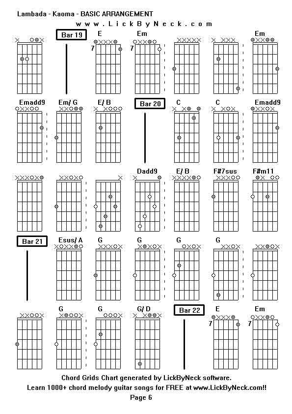 Chord Grids Chart of chord melody fingerstyle guitar song-Lambada - Kaoma - BASIC ARRANGEMENT,generated by LickByNeck software.